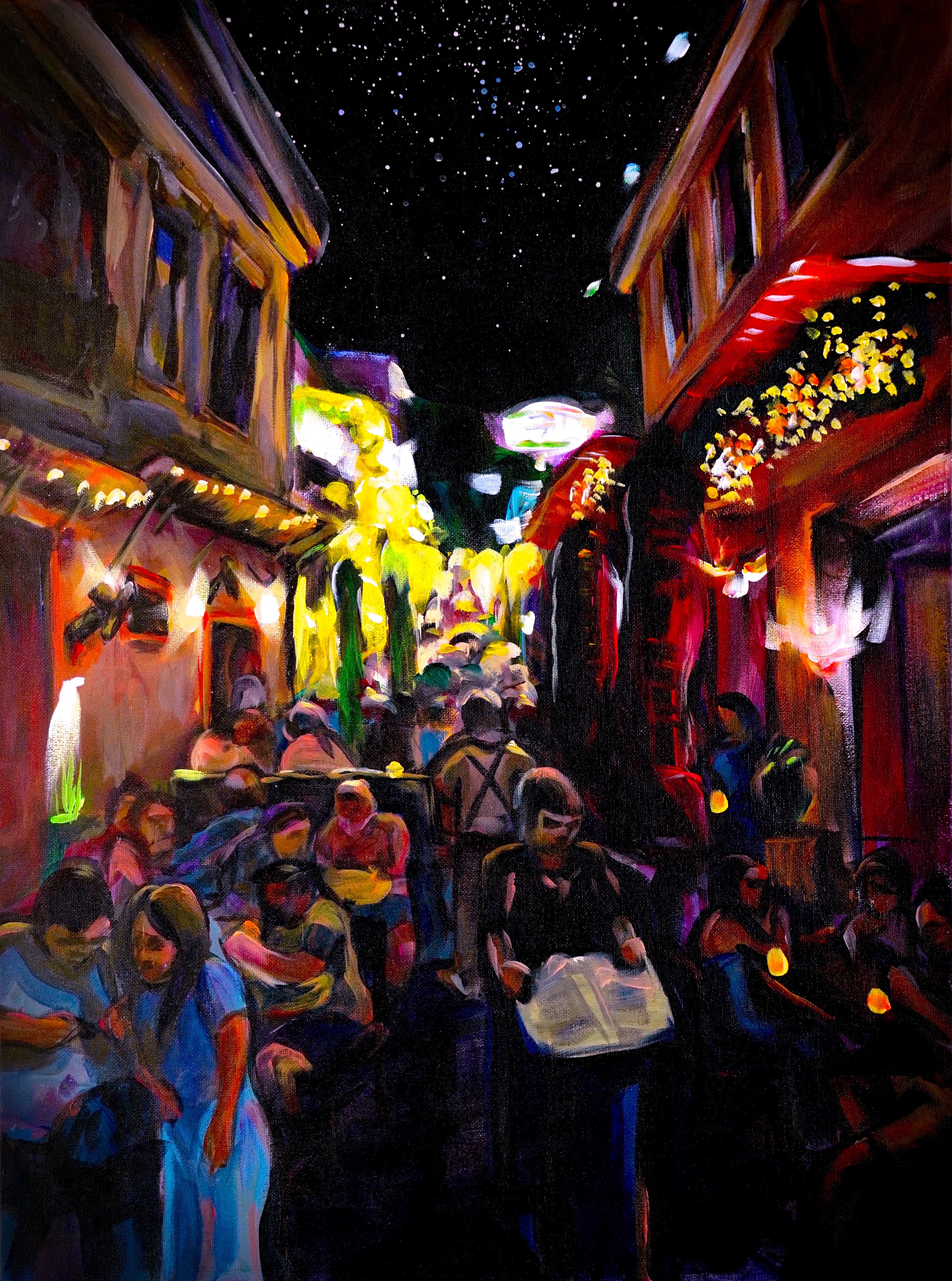 Painting of the nightscape of a street in Plaka, Greece.