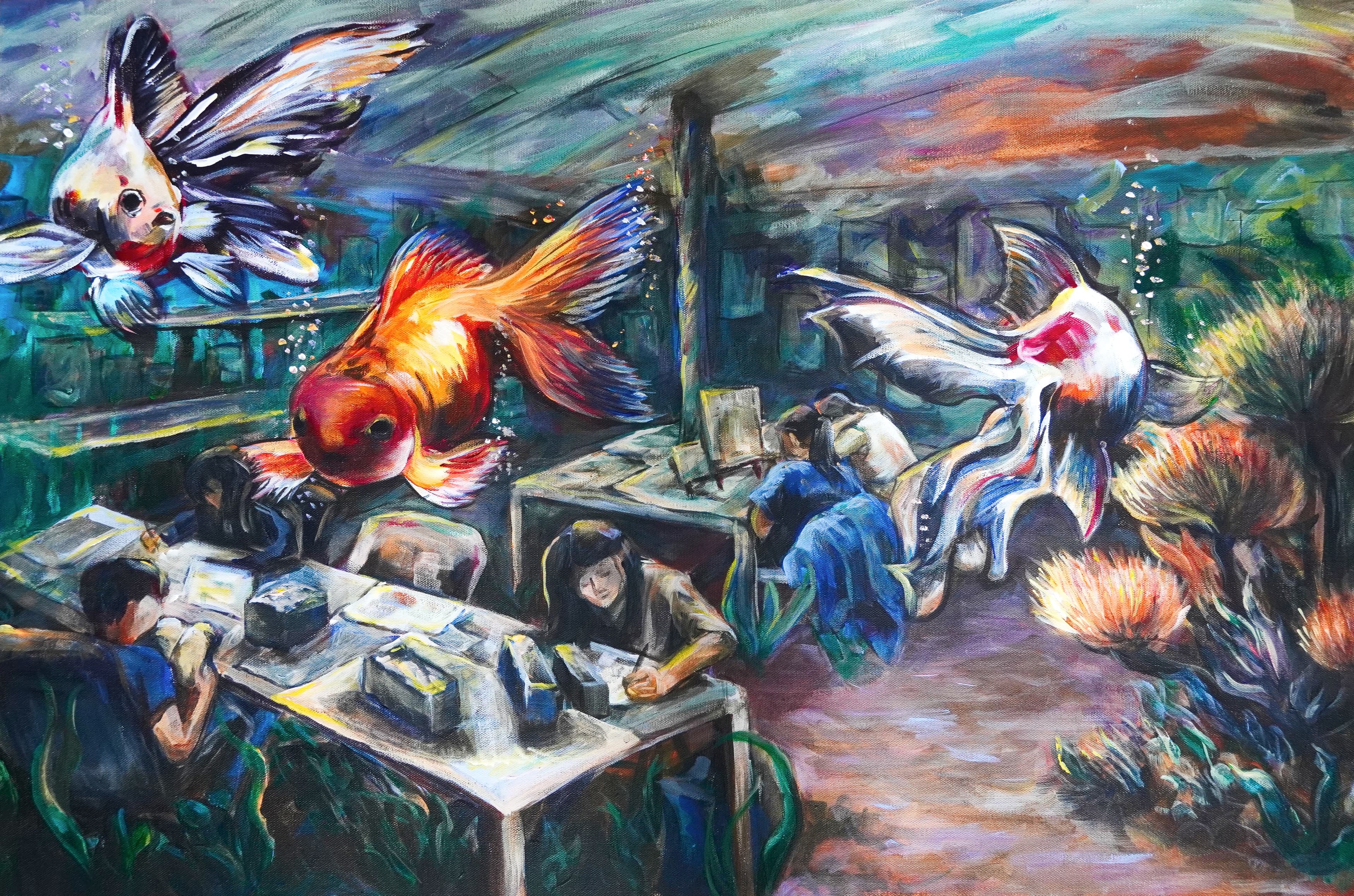 Painting of an art studio where students work at desks while enormous goldfish drift overhead, their fins trailing across the room.