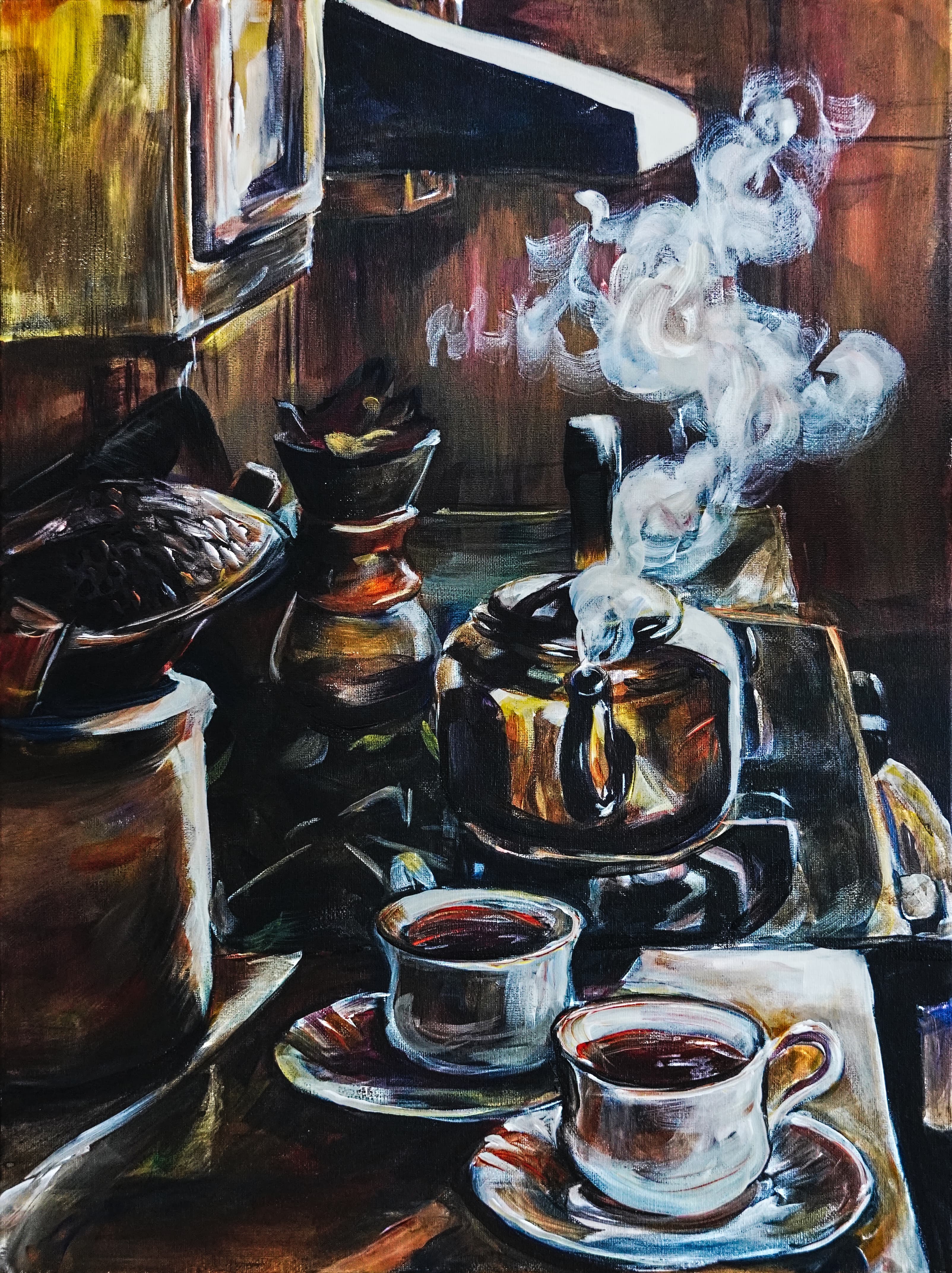 Still-life painting of a steaming kettle on a stove beside two filled teacups on saucers in a dim kitchen.