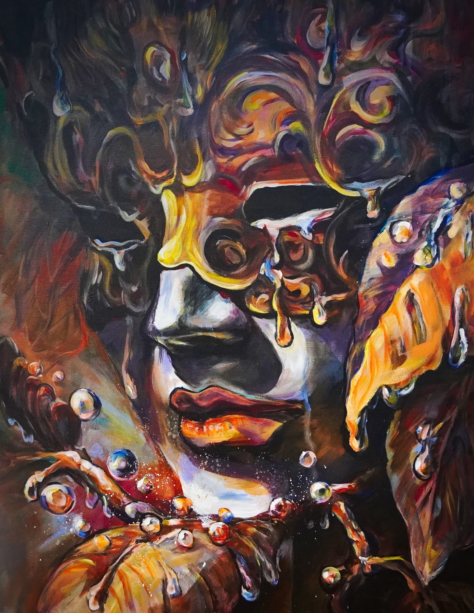 Painting of a face in a theatrical mask, streaked with dripping paint and beads of liquid in warm oranges and deep browns.
