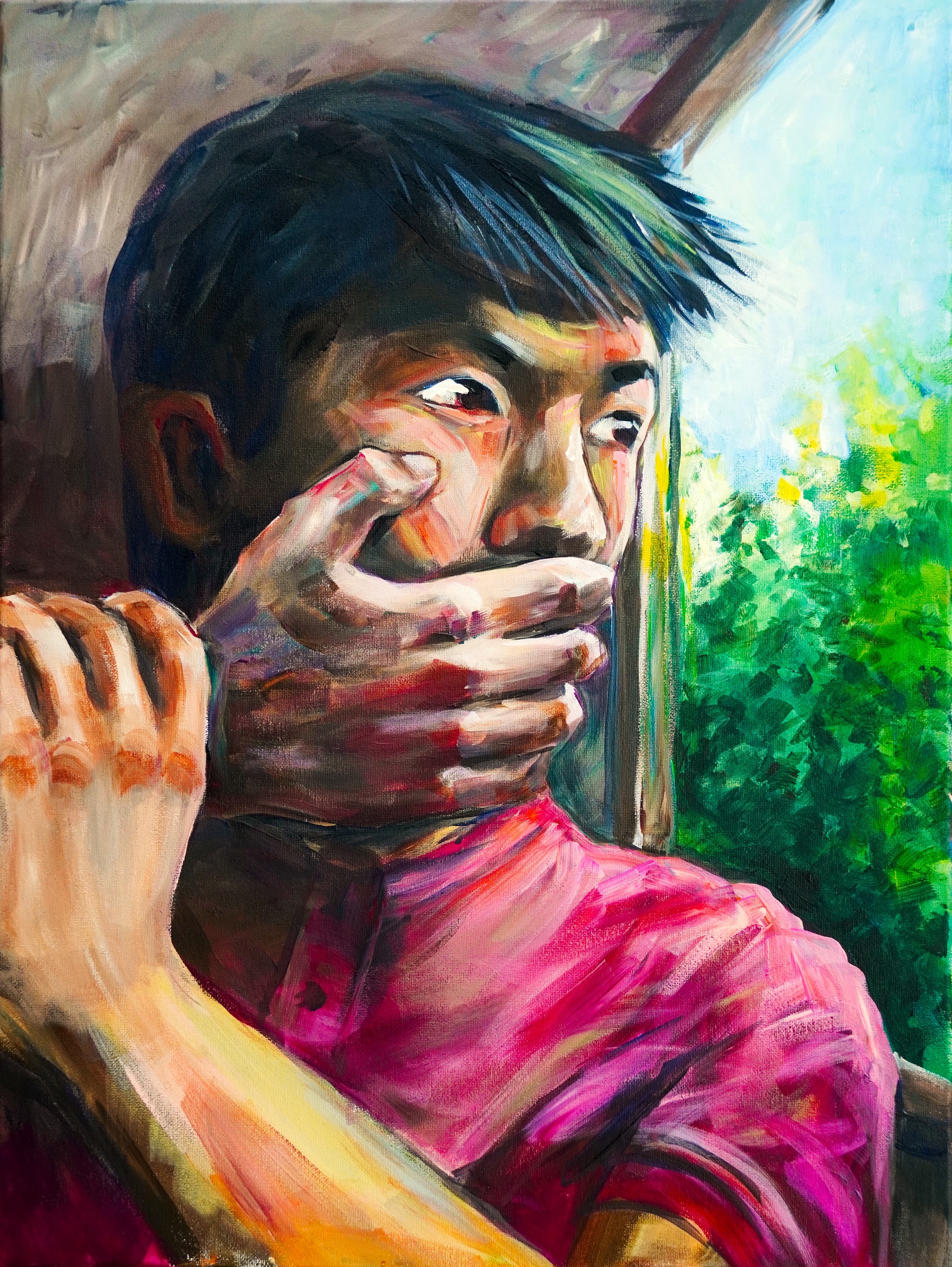 Portrait painting of a young person in a pink shirt with a hand covering their mouth, eyes turned toward a bright green window.