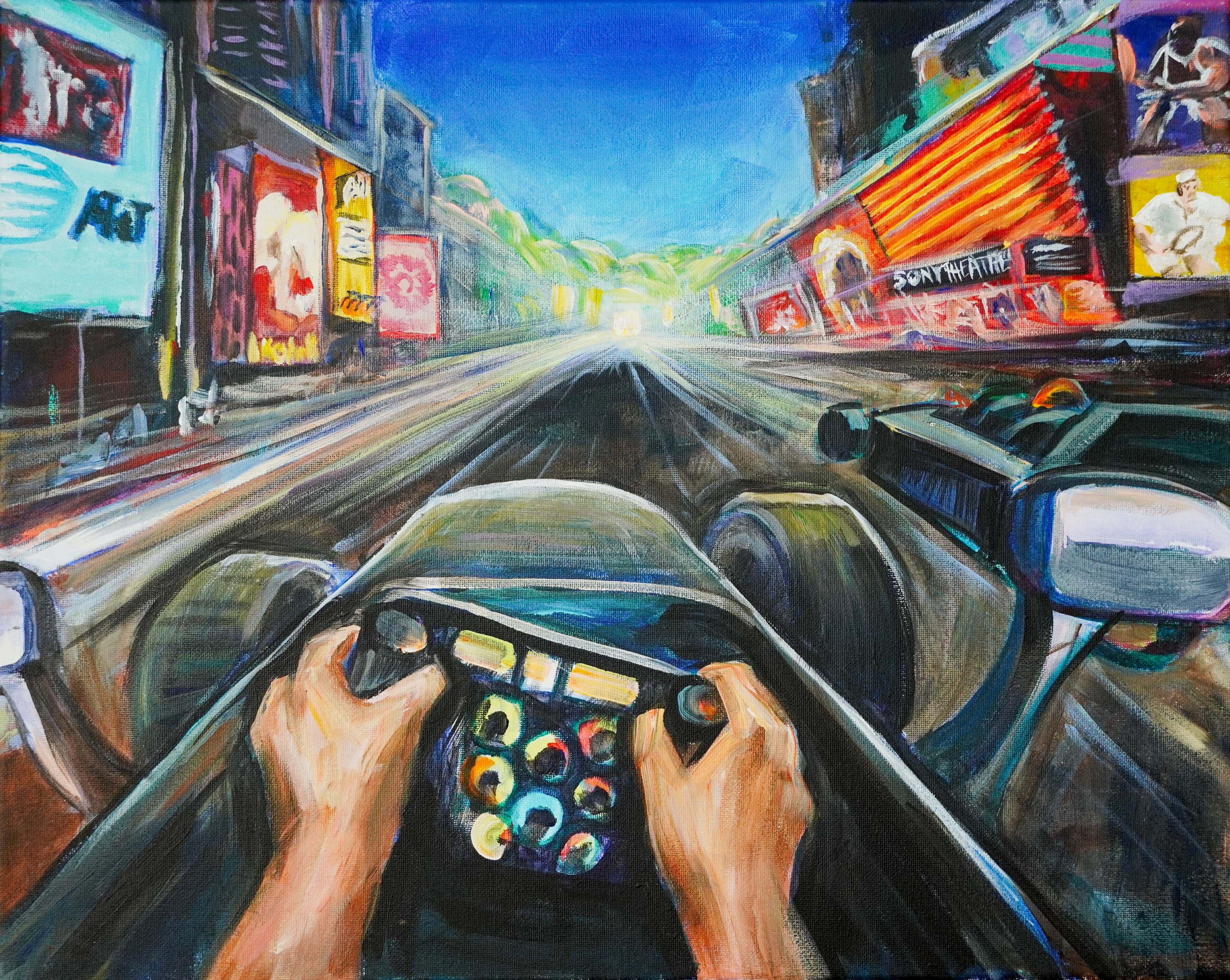 Painting from a driver's point of view: two hands on a racing wheel on a city street lined with glowing billboards.