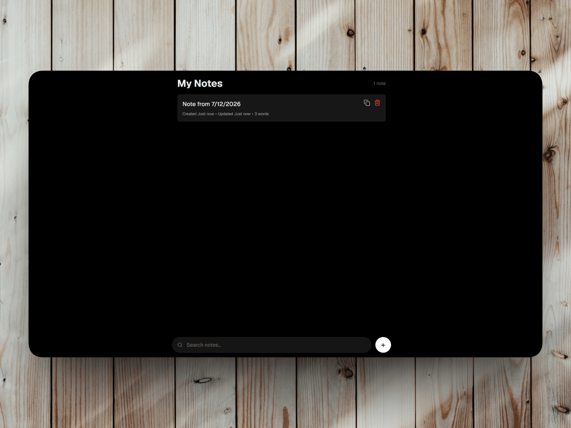 The Discreet Notes editor: an almost blank page with a climbing word count, the typed text rendered transparent.