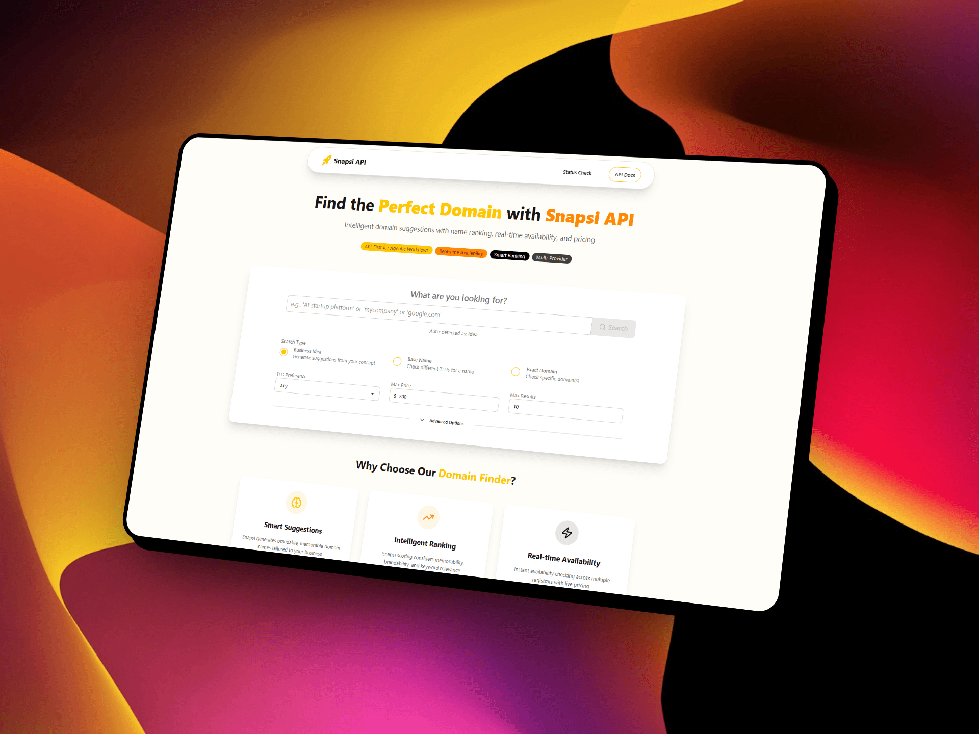The Snapsi interface listing generated domain candidates with availability, pricing, and a brandability score.