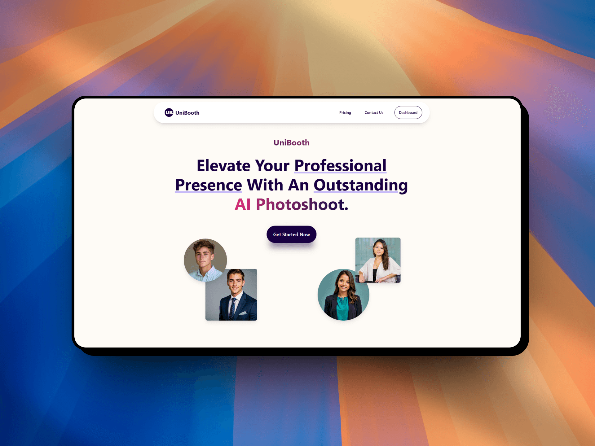 The UniBooth interface showing a batch of generated headshots in different poses and backgrounds.