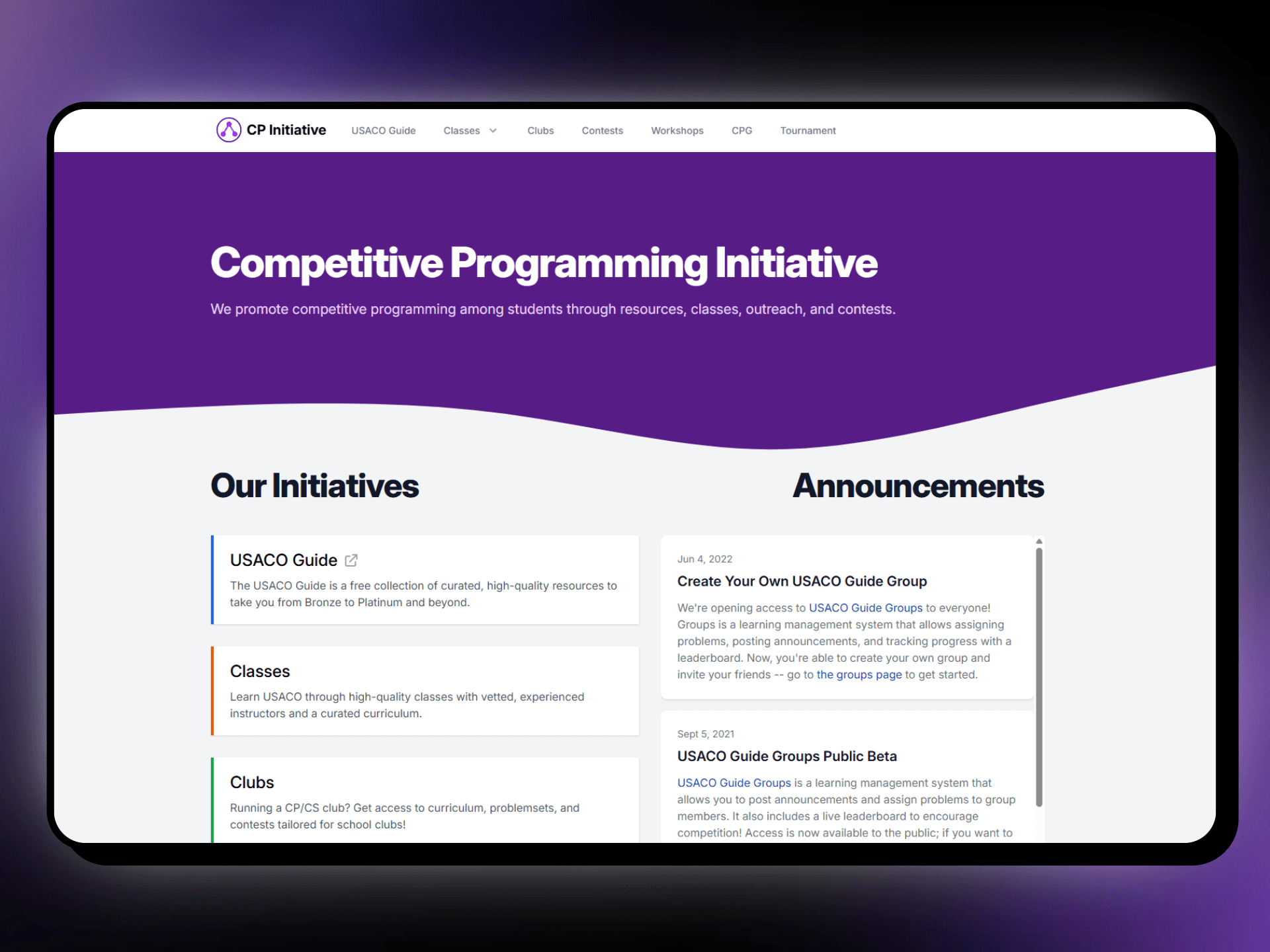 The USACO Guide homepage, an open-source competitive programming curriculum
